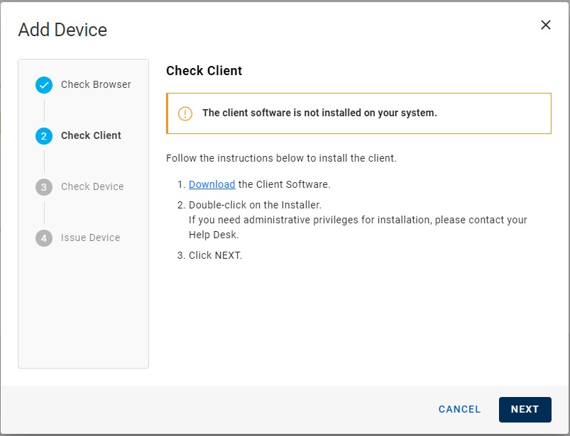 Add Device dialog box during Check Client step when client software is not installed displaying instructions on how to install it, with a Cancel button and a Next button in the bottom right corner