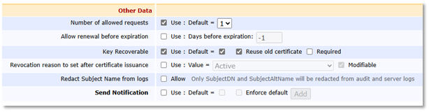 EJBCA Other Data section showing various settings including the Number of allowed requests set with a Default value of 1