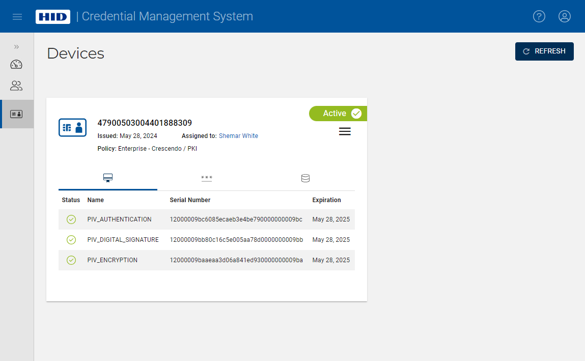 Devices page displaying a connected device whose status is Active, with its PKI certificates information displayed