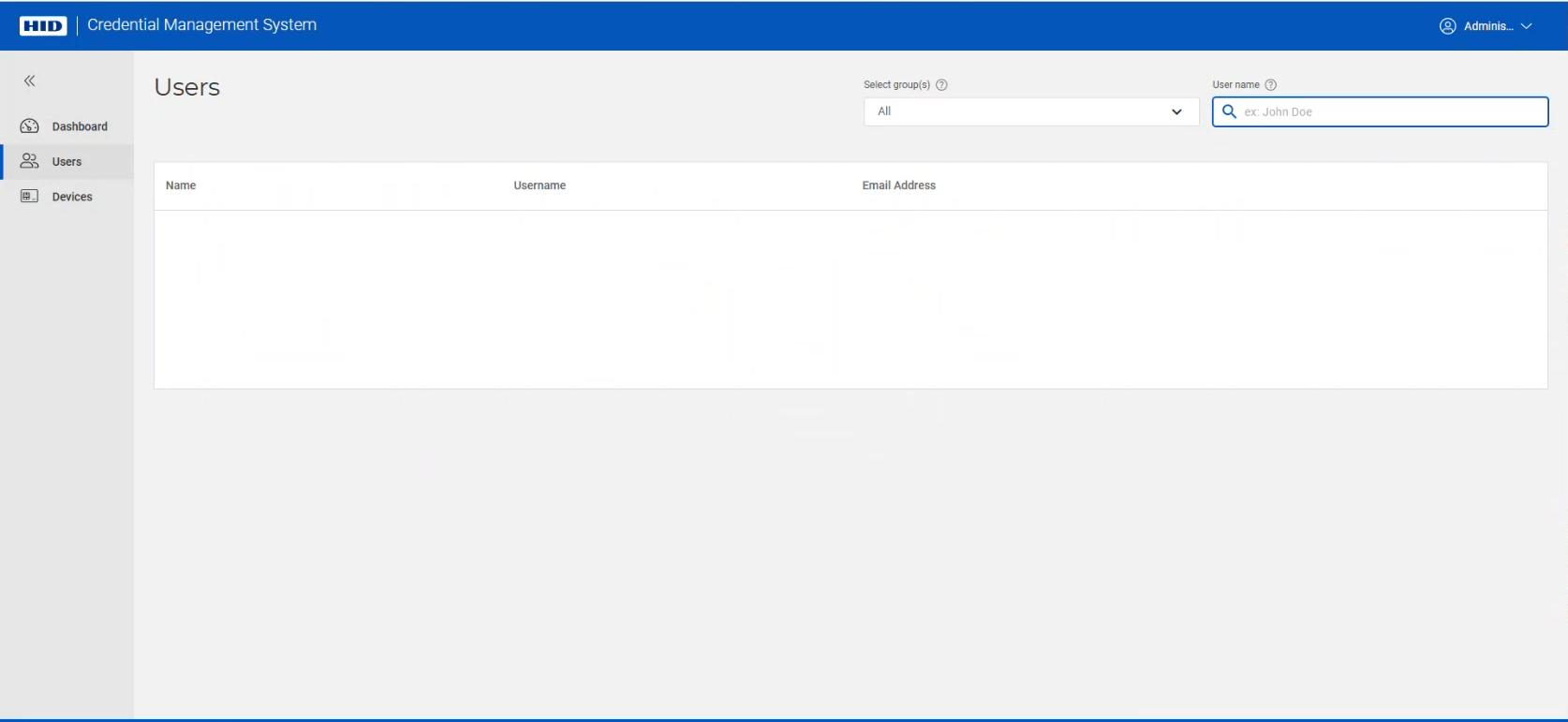 Users page with an empty search results table and an empty Username field selected