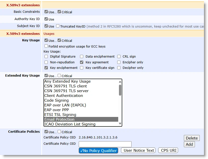 EJBCA X.509v3 Extensions settings with the Key Usage set to Key encipherment, and the Extended Key Usage drop-down list deployed with Email Protection selected