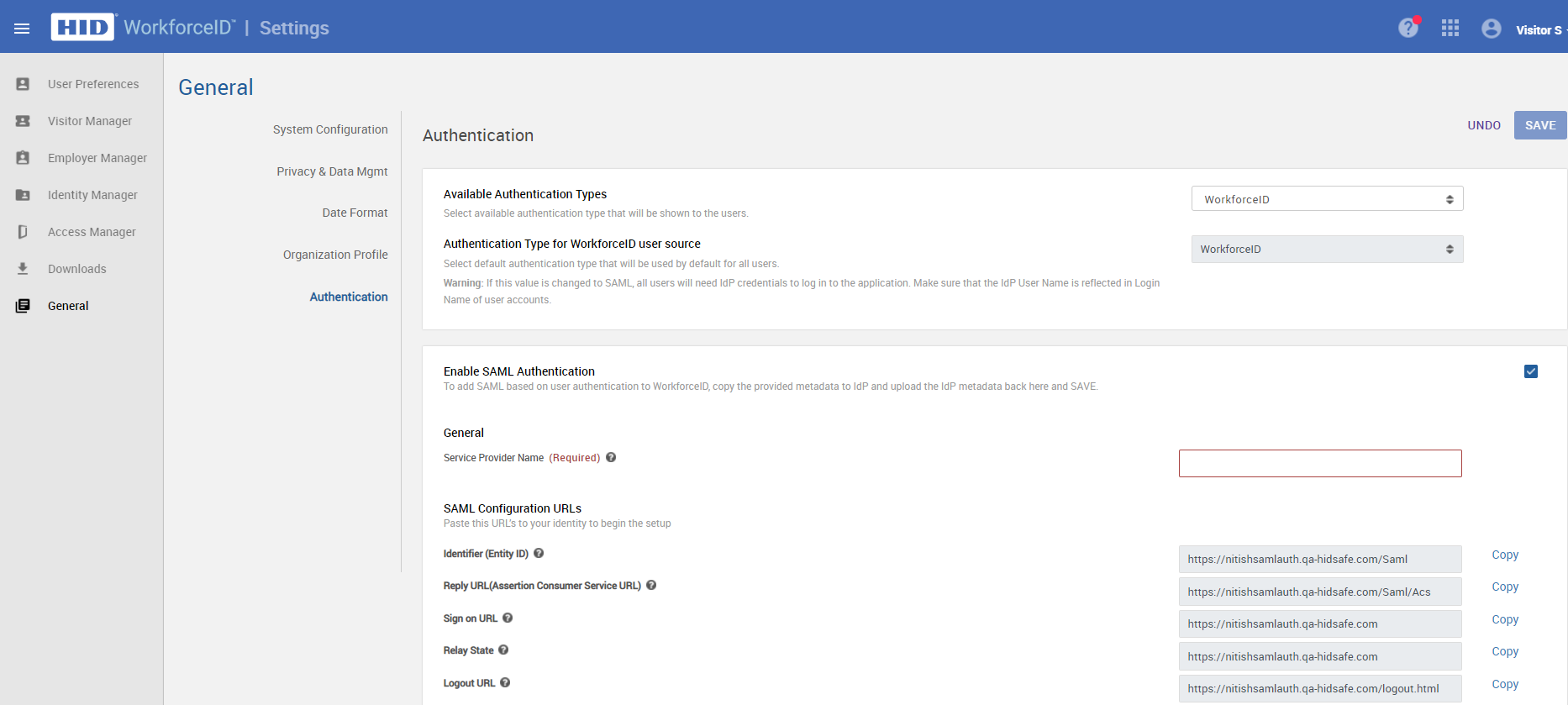 SAML Authentication Settings