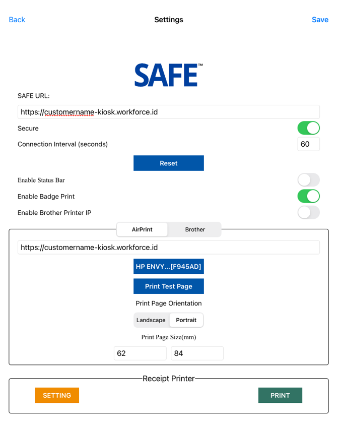 Settings page allows you to configure the WorkforceID Kiosk URL