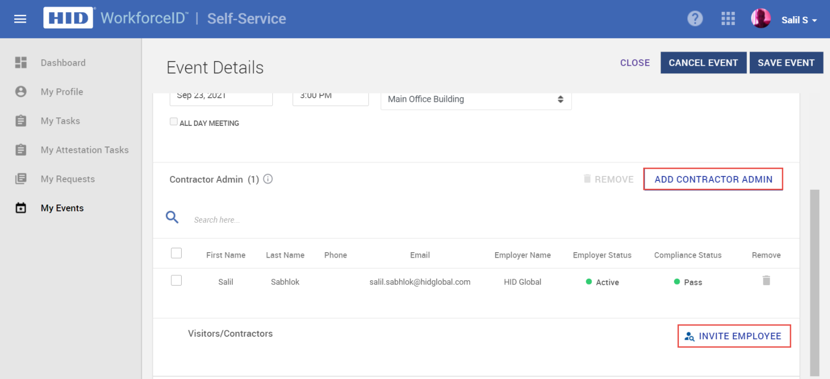 Contractor Admin invites employee to manage event