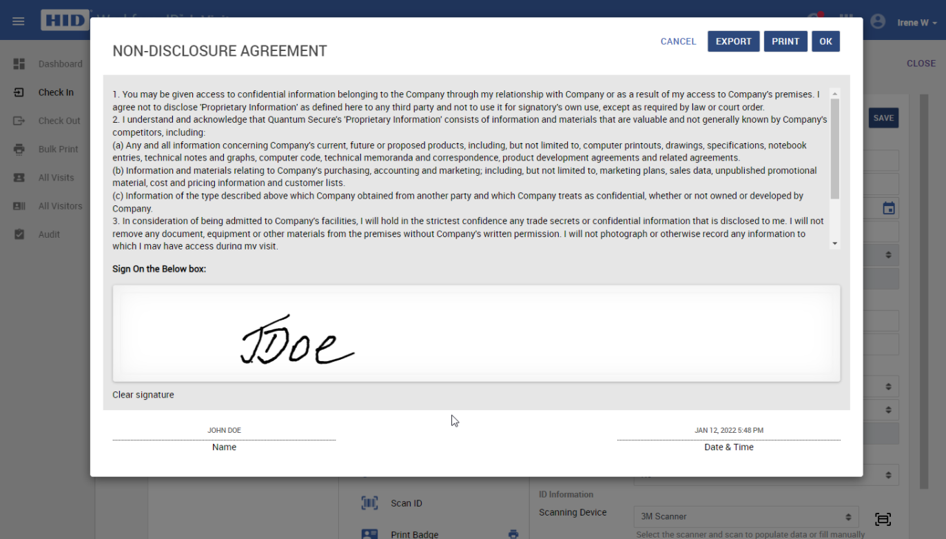 NDA agreement signature modal is displayed in the browser.