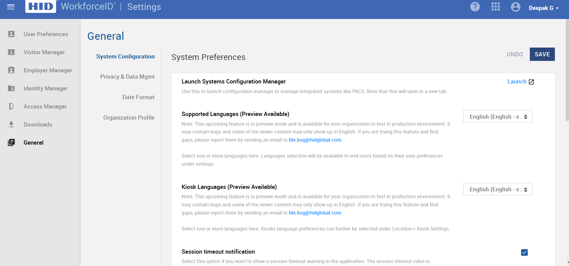 Configure language preferences, privacy preferences and organization details