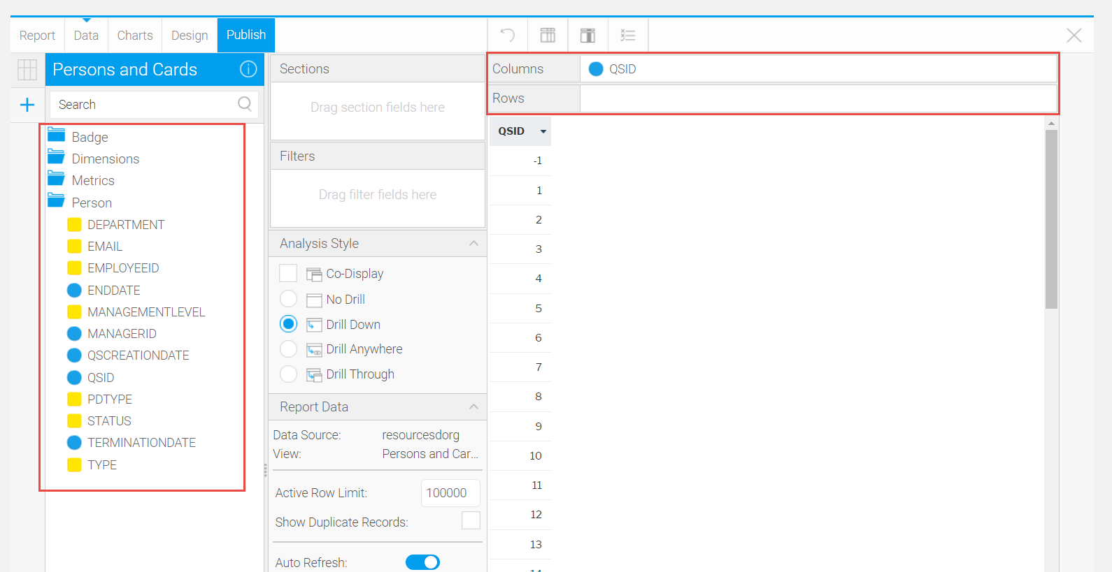 Drag and drop the fields to create a report