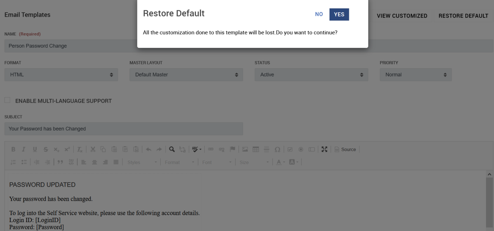 Click YES to restore the default template